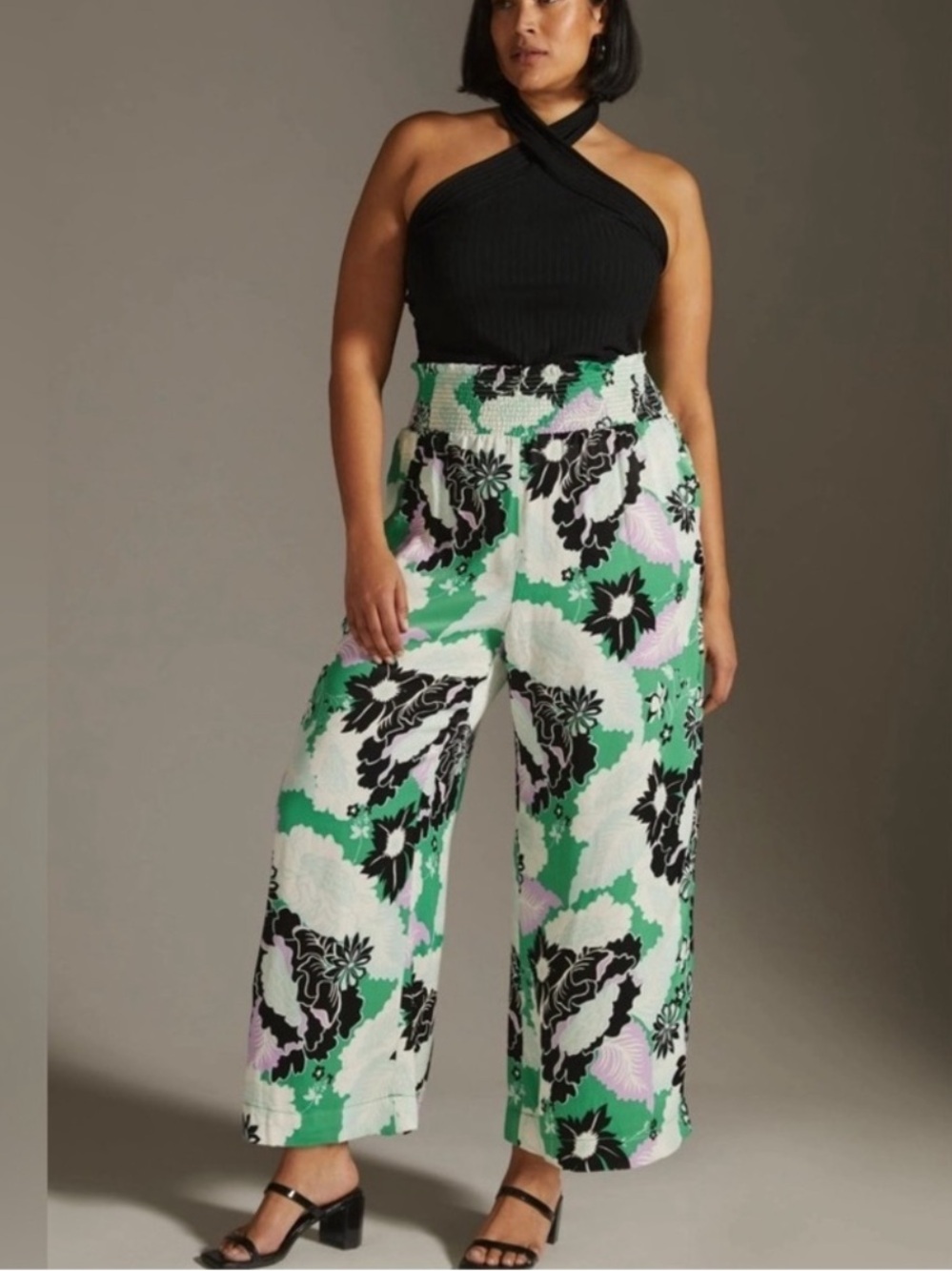 Anthropologie Maeve Saria Smocked Floral Wide-Leg Pants Green XL